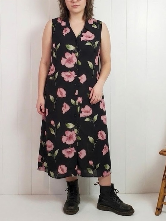 Vintage Dresses & Skirts - Vintage 90s Cottagecore Shift Shirt Dress Midi Sleeveless Floral Grunge size XL